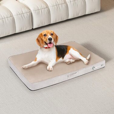 Велике ортопедичне ліжко для собак з гелевою піною та фетровою тканиною, знімний чохол та водонепроникний вкладиш (89 x 56 x 9 см, Бежевий)