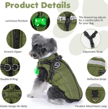 Зимовий одяг для собак: теплий, водонепроникний зимовий одяг з дзвоником, світловідбиваючі смуги, LED-ошийник, для маленьких та середніх собак (зелений, XL)