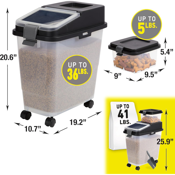 Набір контейнерів для зберігання корму для собак Mighty Tuff 3 шт., до 16,3 кг + контейнер для ласощів 2,3 кг та лопатка, BPA-free, на колесах