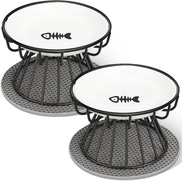 Підвищені годівниці для котів 2 шт. з кераміки з металевим підставкою, миски для котів з силіконовим килимком, станція для годування проти блювоти, миски для котів для корму та води, чорного кольору