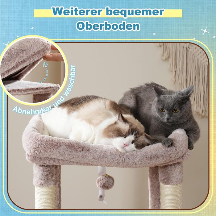 Котячий будиночок Hey-brother Kratzbaum з великими платформами для великих котів, 127 см, з драбиною, 2 печери, гамак, сизаль, кошик, MPJ071W (пісочний)