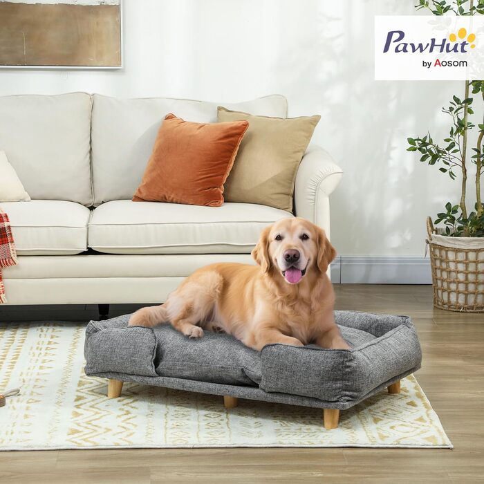 Диван для собак PawHut - зручне ліжко для тварин з підлокітником, на дерев'яних ніжках, сірого кольору, розмір 96 x 66 x 24 см, для собак до 30 кг та 60 см висоти в плечі
