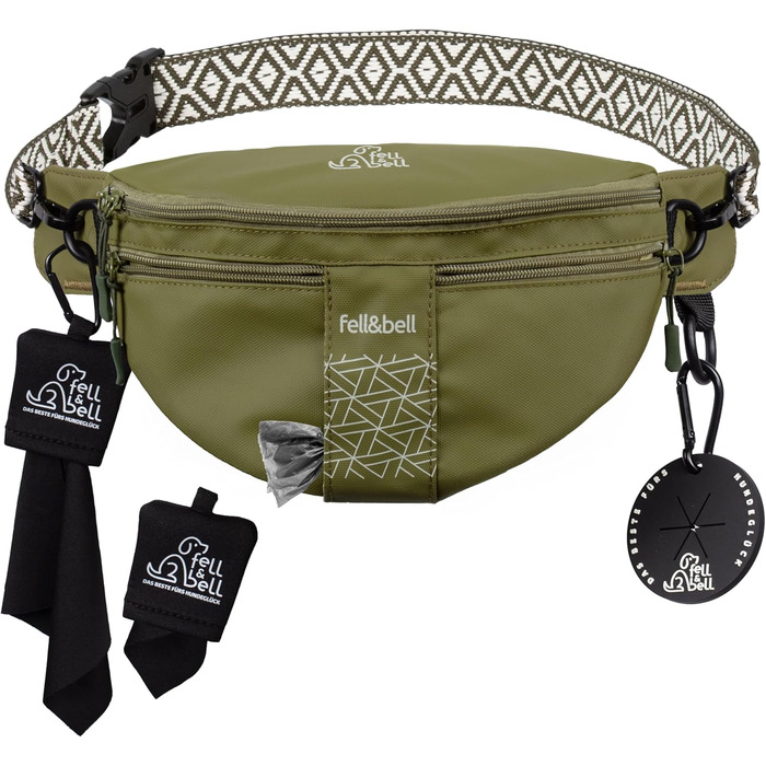 Сумка для ласощів для собак fell&bell - водонепроникна, з 2 відділеннями для снеків, 1,8 л основного відділення, кишеня для телефону та диспенсер для відходів | Сумка для годування собак, тренувань та цуценят (Оливковий)