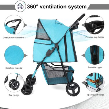 Дитяча коляска для собак і котів Haustier, 4 колеса, швидко складається, легка, для середніх та маленьких тварин (Сапфір)