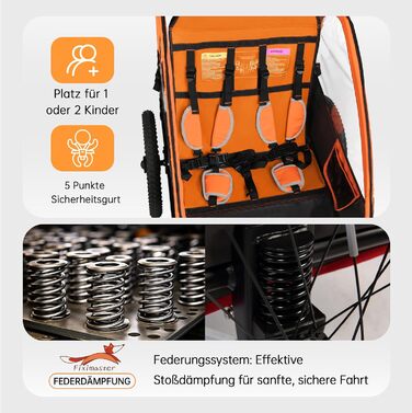 Дитячий велопричіп 2в1 з функцією коляски та бігуна, амортизація, регульована ручка-штовхач та гальма, для 1-2 дітей, до 40 кг (Помаранчевий)