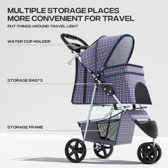 Дитяча коляска для котів та собак, 3 колеса, складний візок для тварин, 13,6 кг, з кошиком та тримачем для напоїв, в клітинку