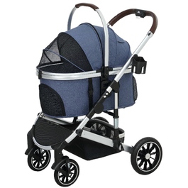 PawHut Коляска для собак 3 в 1 Dog Buggy Складна для собак і кішок до 10 кг Cat Buggy з подушкою Підстаканник Сітка Вікна Двері Кошик для зберігання Котяча коляска Баггі Dark Blue | Аосом