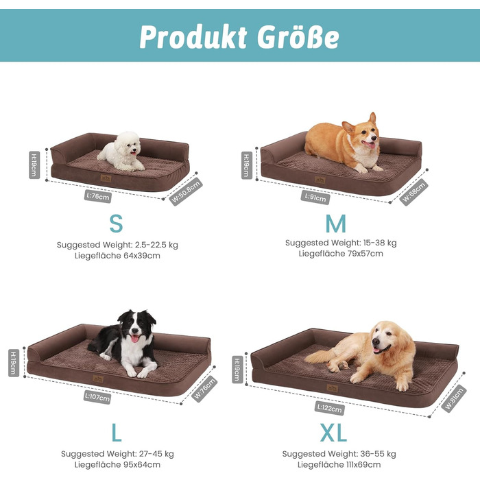 Ортопедичне ліжко для собак, 19 см товщиною, диван для середніх собак, знімний та пральний, неслизьке дно, водонепроникна підкладка, коричневий, 76x51x19 см