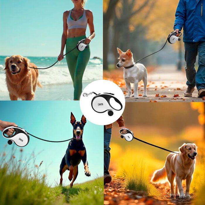 Висувна поводок для собак CORTESPETS® 5м - для малих та великих собак до 50 кг - високоякісна роликова поводок з зручним ручним захопленням (білий, L, 5м, до 50кг)