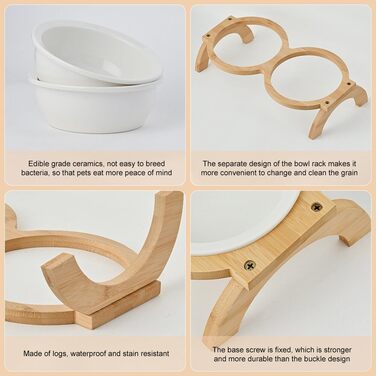 Набір мисок для котів та собак GmeDhc: 2 миски з кераміки на дерев'яній підставці