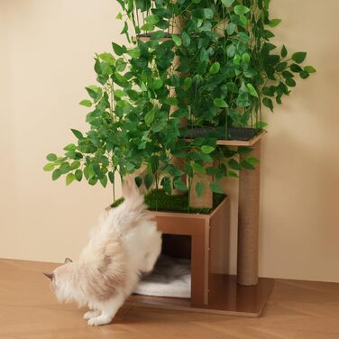 Кігтеточка для котів CareCooo 135 см з 12 стержнів, стабільна, з будиночком, сизаль, захист від перекидання, водонепроникна, для великих котів, коричнево-біла (зелений + МДФ, XL)