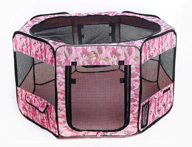 Портативний вольєр для домашніх тварин Pawer, 114x61 см, 8 панелей, рожевий камуфляж, 600D Oxford, для котів/собак/цуценят
