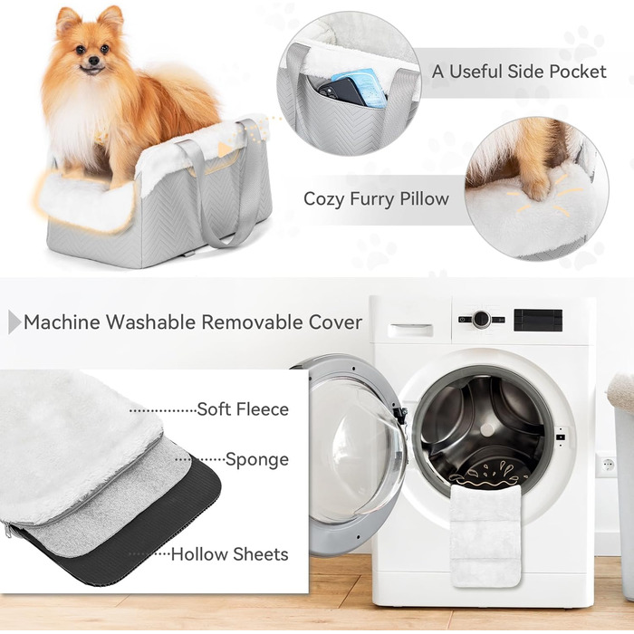 Автокрісло для собак PETSFIT, сіре та біле, для маленьких собак до 5 кг, з безпечними ременями та знімним м'яким сидінням