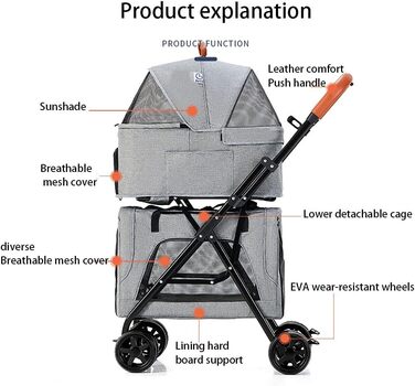Двоповерховий візок для домашніх тварин, багатофункціональний 3-в-1, візок для котів, складаний візок для собак, для маленьких собак, легко складається, з переднім доступом, візок для 2 собак (сірий, розмір B)