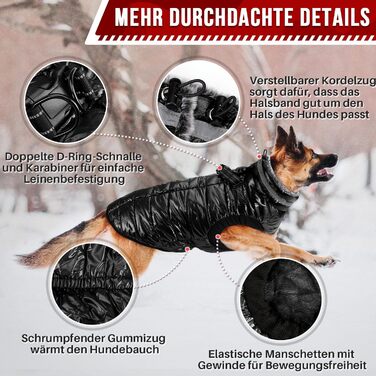 Звуковий теплий зимовий куртка для собак з флісовим коміром, куртка для собак з двома блискавками, відображає світло, для малих, середніх та великих собак (Чорний, XL)