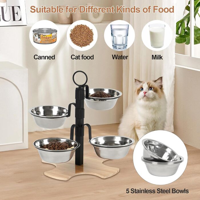Підвищені годівниці для котів Optyuwah: набір 5 штук з нержавіючої сталі, регульована висота, для води та корму, також підходять для маленьких собак