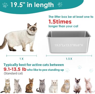 IKITCHEN Великий лоток для котів з нержавіючої сталі (50x35x20 см), туалет для котів та кроликів, без запаху, без плям, антикорозійний, з гладкою поверхнею, з антиковзким гумовим дном, срібний