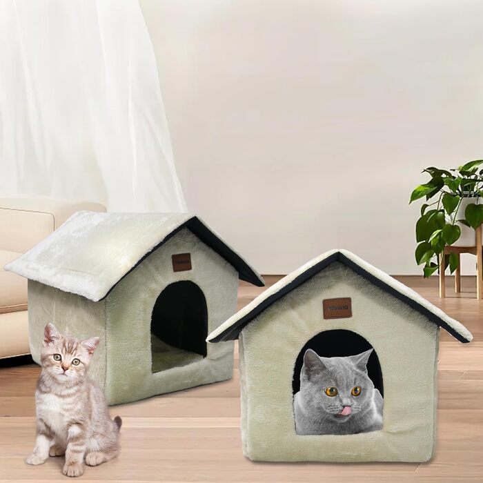 Whiwhi плюшевий будиночок для котів, котяче ліжко-ніша з м'якою подушкою, переносна хижка для кота з нековзким дном, тепла і затишна, 45x40x45 см, бежева