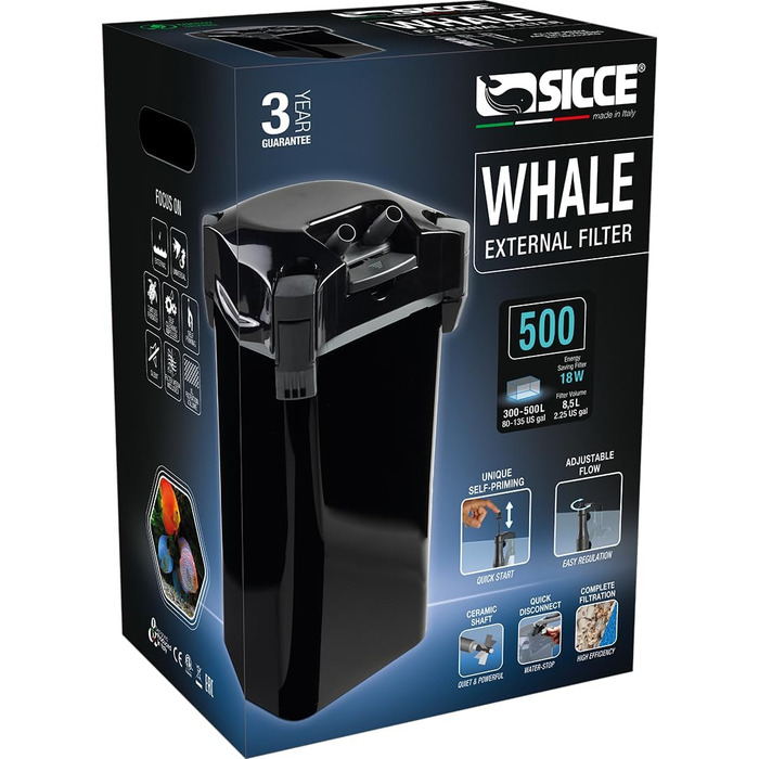 Зовнішній каністровий фільтр SICCE Whale 500 для акваріума, 390 GPH, ультратихий, для прісної та морської води, самовсмоктувальний, швидке від'єднання