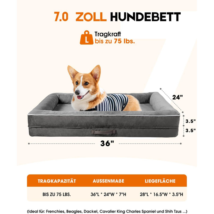 Ортопедичне ліжко для собак великих порід, кошик для собак, що можна прати, з піною у формі яйця, водовідштовхуване ліжко для собак з неслизьким дном та чотиристоронньою подушкою (сірий, 61x91x18 см)