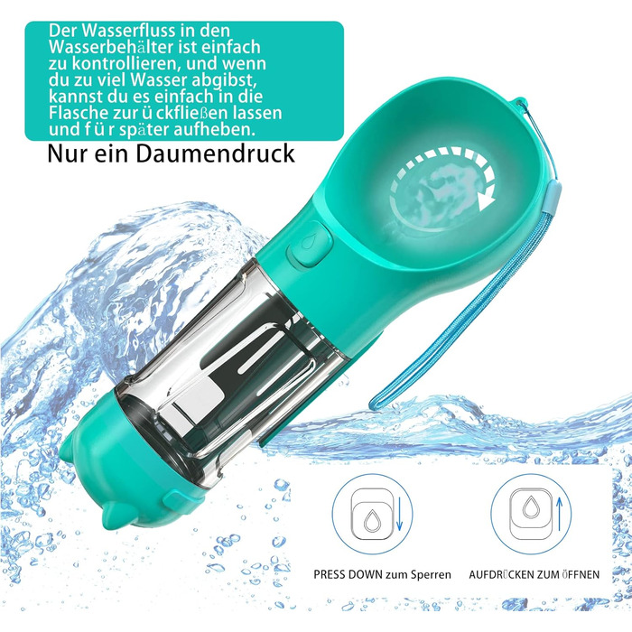 Водяна пляшка для собак Fantasybear 3-в-1 з контейнером для їжі, 300 мл, блакитна. Без BPA. Підходить для великих та маленьких собак та котів. Для прогулянок, подорожей та активного відпочинку.