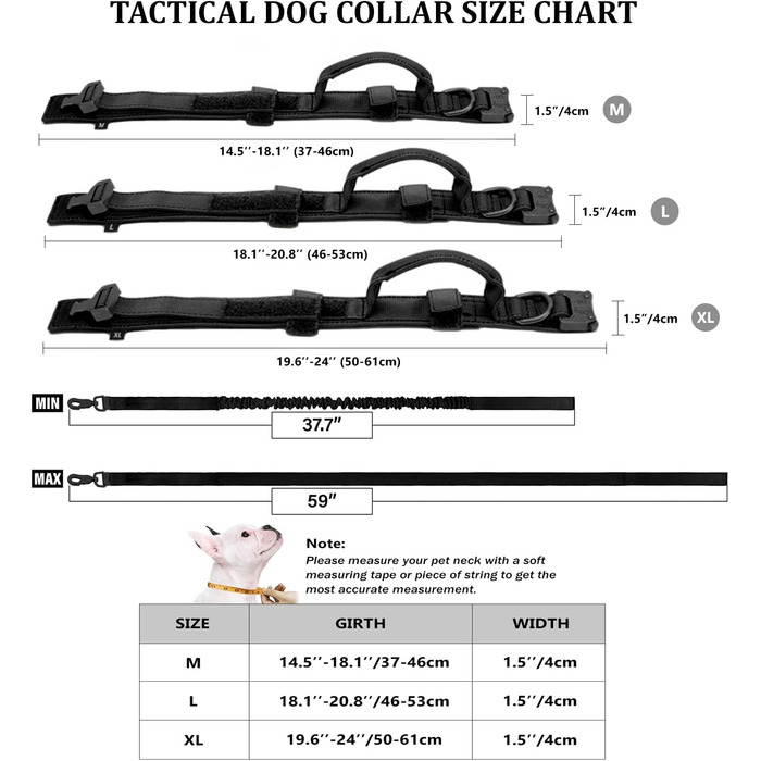 Тактичний нашийник для собак з ручкою та повідок, військовий стиль, м'яка підкладка, нейлон, регульований, для середніх та великих собак, чорний P7-L