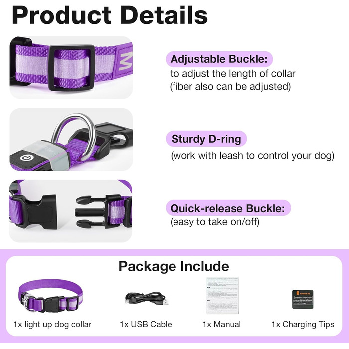 Світлодіодне нашийник для собак Leuchthalsband PcEoTllar, водонепроникний, 7 кольорів, регульований, для маленьких та великих собак, чорний (фіолетовий, M)