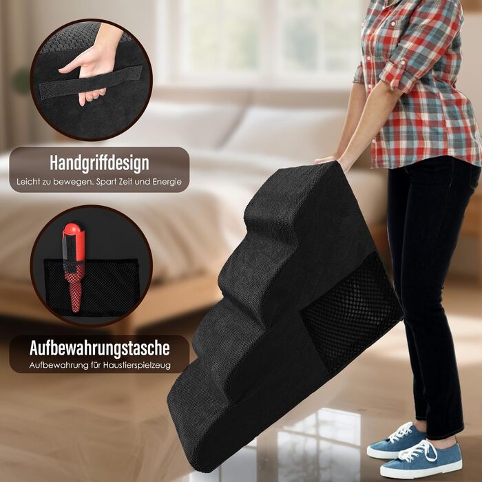 Сходинки для собак, 4 сходинки, знімний поручень, антиковзка поверхня, для ліжка та дивану, з високощільним губчастим наповнювачем (Чорний)