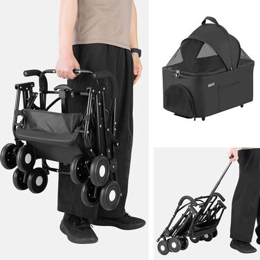 Дитячий візок для тварин BAKAJI 2 в 1, 40 кг, складний, знімний капюшон, візок для собак та котів з кошиком для зберігання (Чорний)