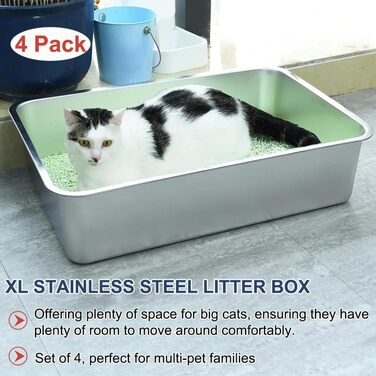 Великий лоток для котів з нержавіючої сталі 50x35x15 см, набір 4 шт, XXL котяча туалетна коробка, антипригарна поверхня, легке очищення, без запаху