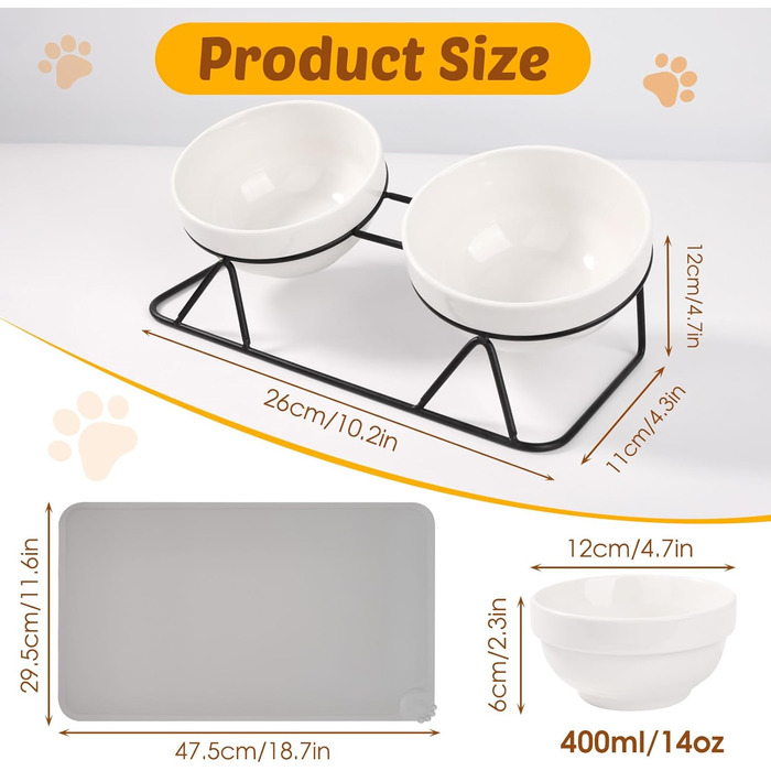 Набір мисок для котів Vikcvcs 2 шт. з кераміки, з металевим кріпленням та силіконовим підставкою, 15° нахил, ергономічна годівниця для котів та маленьких собак