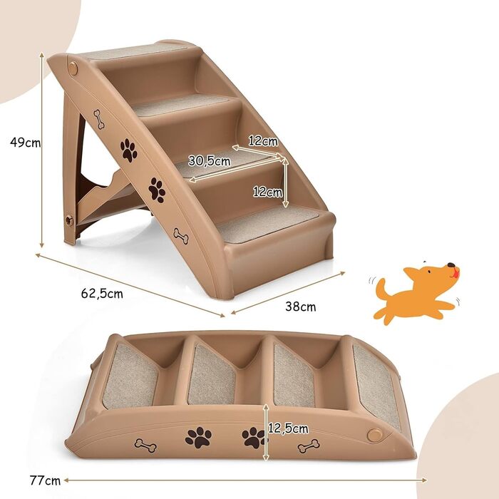 Сходинки для домашніх тварин GYMAX з 4 сходинками, складані, з пластику, з неслизькими підкладками, 4 килимками, трикутною структурою, для котів та собак (колір кавовий)