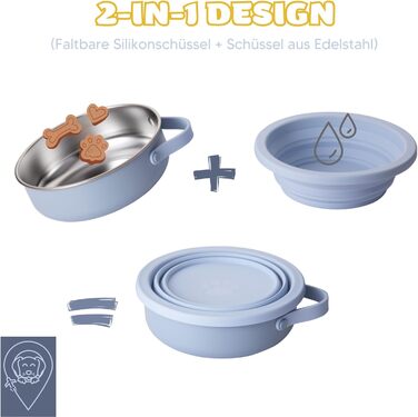 KPET® 2-в-1 складана годівниця для собак, 900 мл: миска для їжі та води, нержавіюча сталь, силікон, антиковзаюча, для подорожей