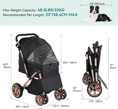Візок для собак та котів YITAHOME, чорний, до 22 кг, складна конструкція, з сумкою, подушкою, сітковими вікнами та кошиком для зберігання