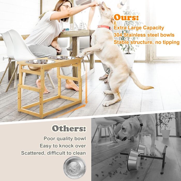 Підвищені годівниці для собак великих порід, бамбук, підставка з 2 великими мисками для води та корму, білий колір, об'єм 2.5л