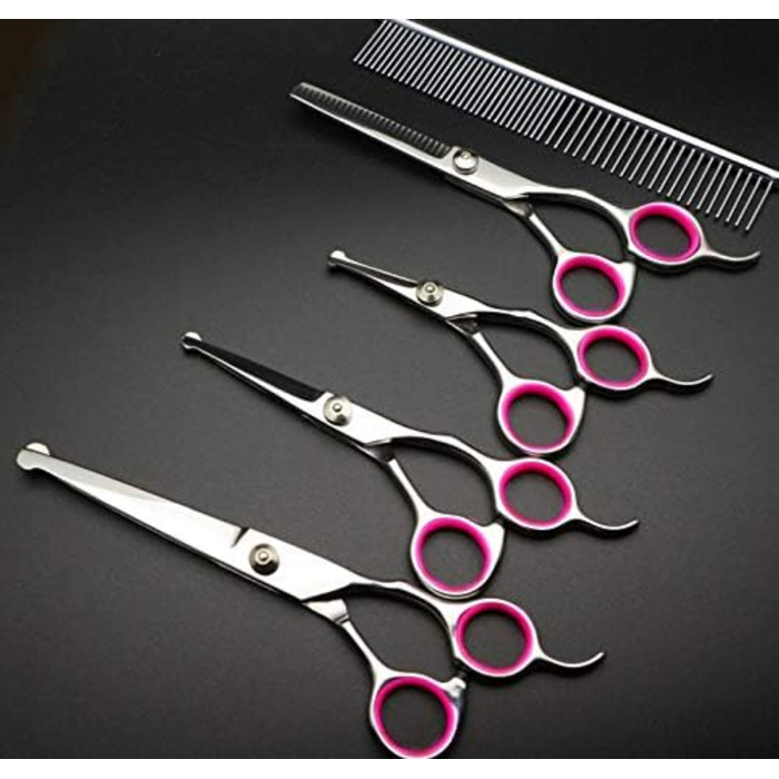 Набір професійних ножиць для грумінгу тварин CLQ: 5 шт. для собак та котів, з нержавіючої сталі 4CR, безпечні, з титановим покриттям (рожевий)