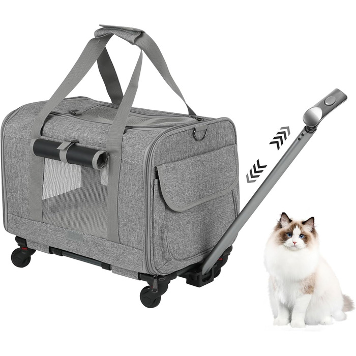 Транспортна переноска для котів та собак на колесах, сіра, 2-в-1, для подорожей та перельотів