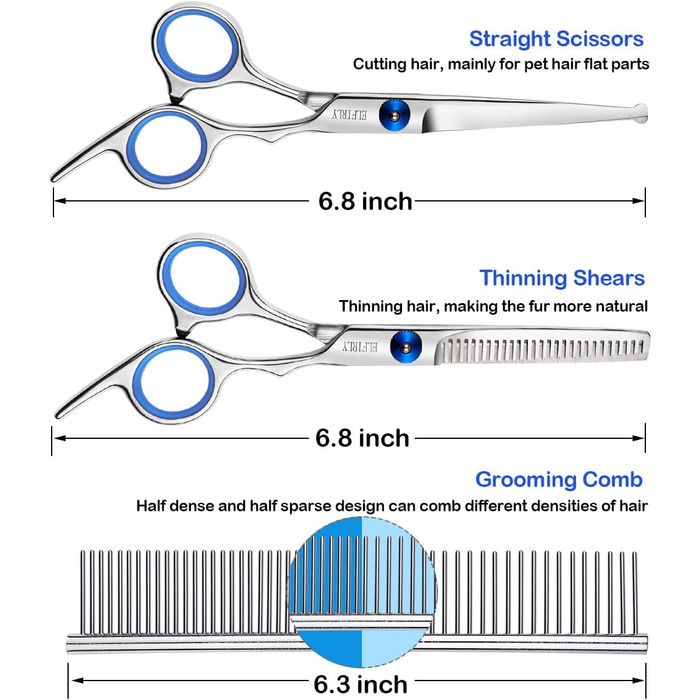 Набір професійних ножиць для грумінгу собак Elfirly: нержавіюча сталь, заокруглені кінчики, витончене лезо, ножиці для розрідження, ножиці для вигину, набір для стрижки шерсті тварин з тримером для нігтів для собак і котів, блакитний