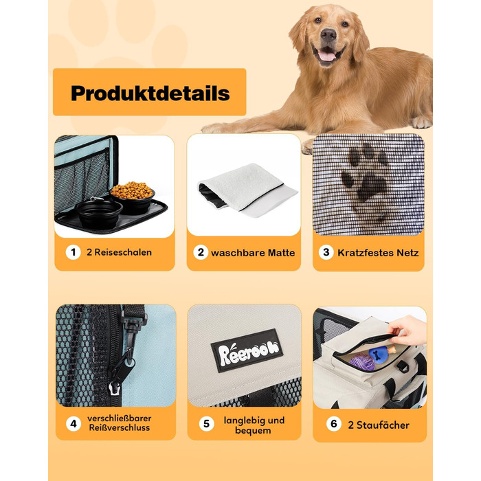 Транспортна переноска для собак та котів Reerooh Hundebox M, 60x42x42 см, складана, з мискою, блакитна