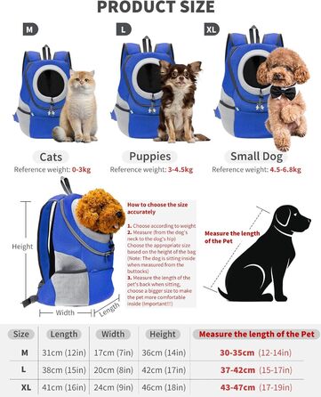 Рюкзак для тварин PETCUTE: переноска для собак та котів, блакитний, розмір L (38 x 20 x 42 см), схвалено авіакомпаніями