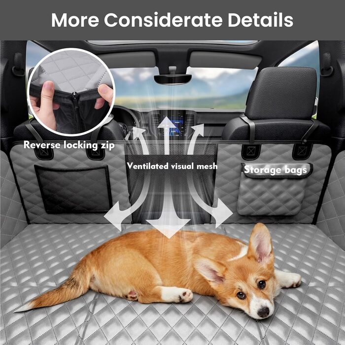 Плед для собак у машину Pecute з жорсткою основою, 133*62 см, сірий XL. Водонепроникний, антикігтунний, 3-в-1 (розширення сидіння, чохол, сітка). Підходить для великих SUV/LKW, до 150 кг.