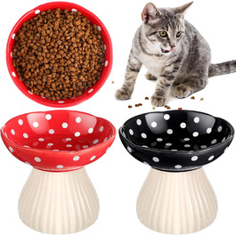 Підвищений годівниця для котів Teenyyou з кераміки, 2 шт. – годівниця для котів з вусами, широка годівниця для корму та води (червоний, чорний)