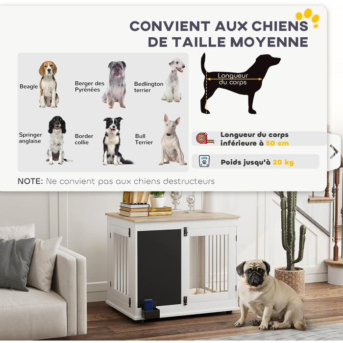 Клітка для собак PawHut, біла, з 3 дверцятами, для собак середніх порід до 20 кг, 80x60x70 см