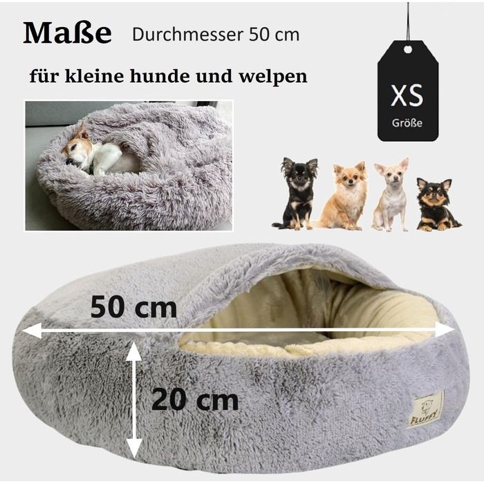 Кругле ліжко для собак і котів Donut Ø 60 см з дахом, м'яке, плюшеве, з штучного хутра, для маленьких і середніх собак