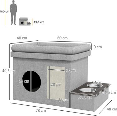 Павук Хатинка для котів PawHut з мисками, лежанка з подушкою, дряпка, будиночок для котів та собак до 8 кг, сірий, 78 x 48 x 49,5 см