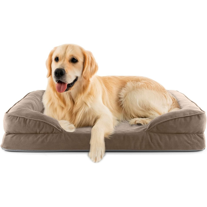 Ортопедичне ліжко для собак Lumaland з корду | Ергономічне собаче ліжко-софа 110x75 см - для великих собак | Нековзне дно | Зручна наповнювач та знімна чохол | Корзина для собак з Memory Foam Cord - Світло-коричневий 110 x 75 см - L