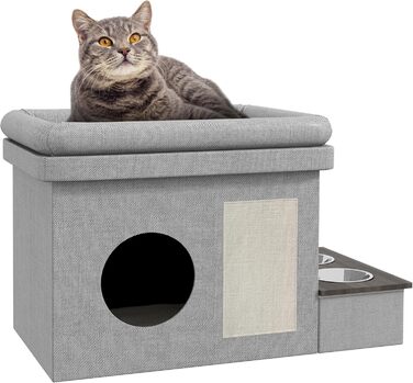 Павук Хатинка для котів PawHut з мисками, лежанка з подушкою, дряпка, будиночок для котів та собак до 8 кг, сірий, 78 x 48 x 49,5 см