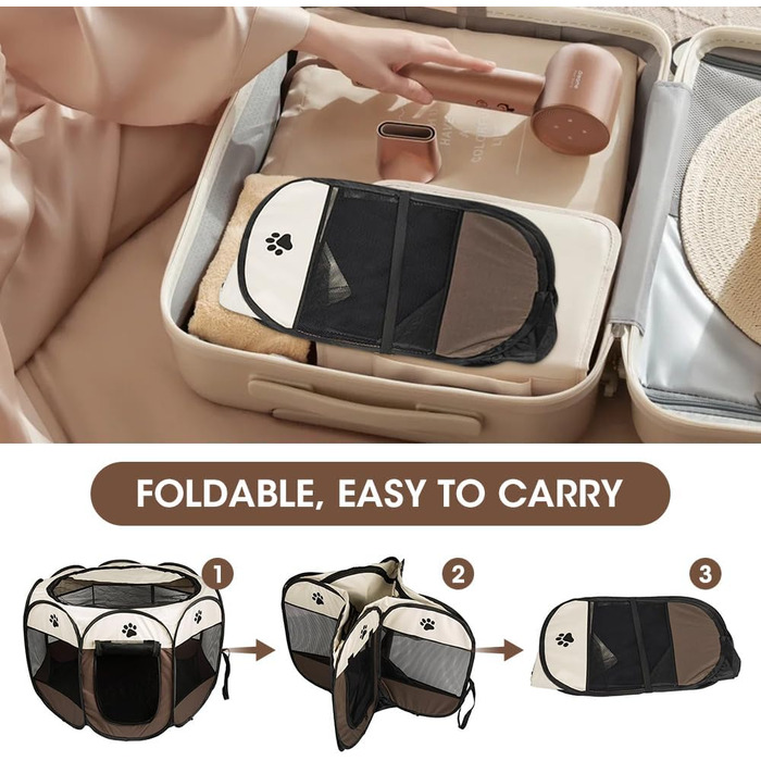 Кія: Переносний вольєр для цуценят та тварин 74x74x43 см, вольєр для собак, котів, кроликів (колір: коричневий)