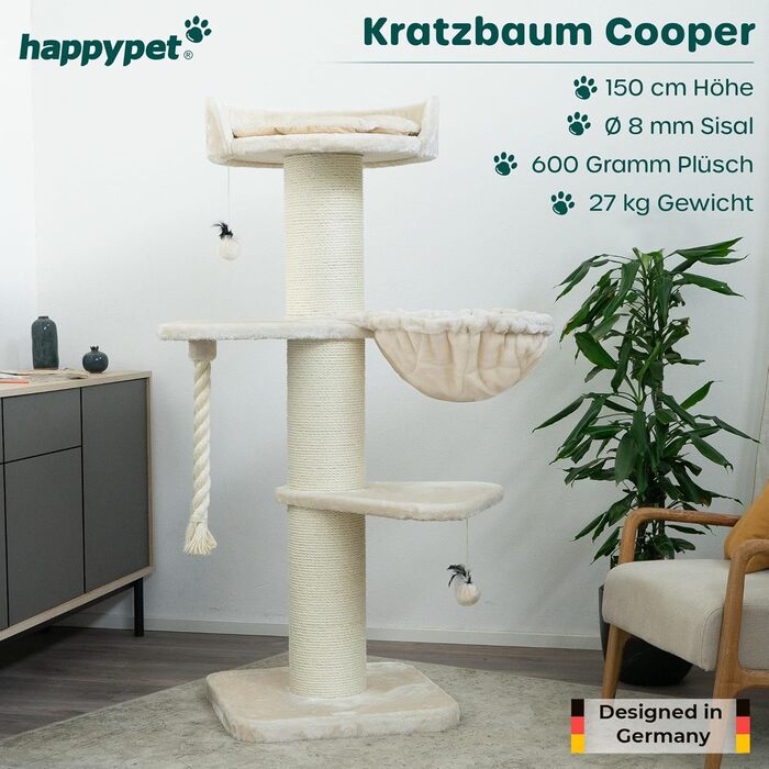 HAPPYPET Premium Котячий дряпак для великих котів Cooper 150 см, кремовий, для Мейн-кун, товсті стовпи 20 см, натуральний сизаль