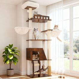 Дерев'яний кігтеточки Hey-brother Holz Kratzbaum 184 см для великих котів, багатоярусний, з платформою, корзиною, будиночком, щіткою та драбиною (Brun Vintage) EMPJ121WB